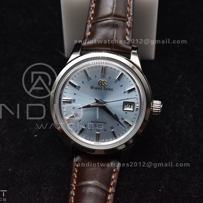 Grand Seiko Elegance GMT SS GSF 1:1 Best Edition Sky blue Dial on Brown Leather Strap NH34